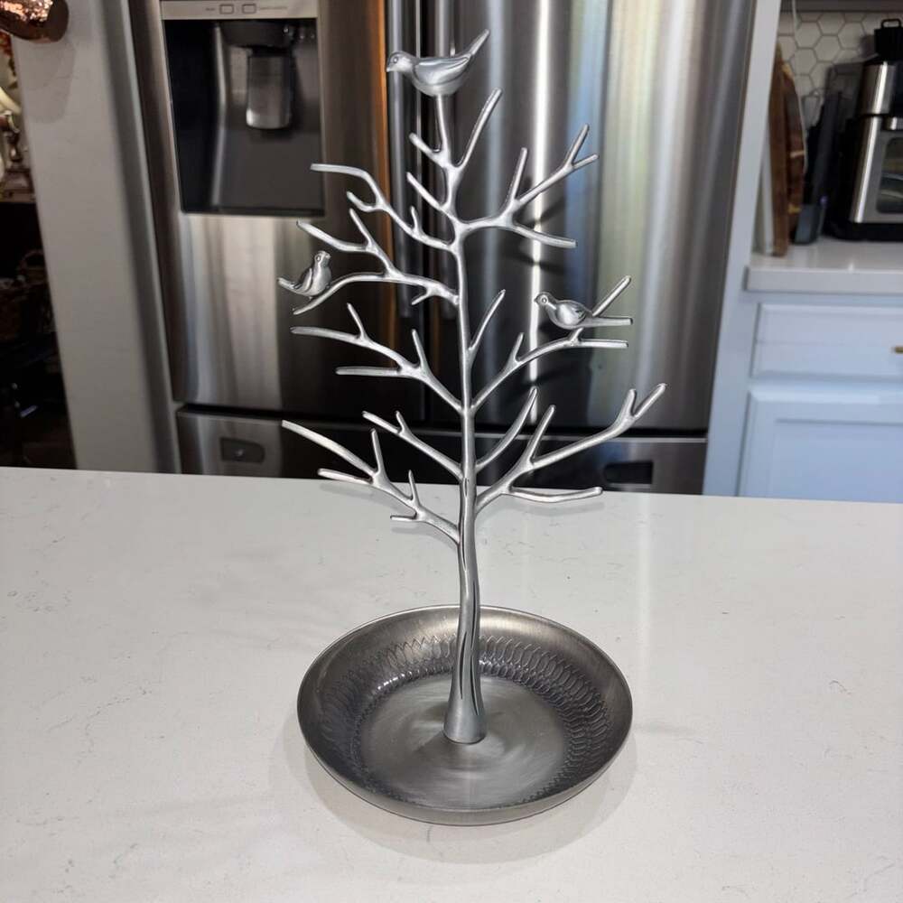 Silver Toned Metal Tree Jewelry Stand Organizer With Birds and Tray